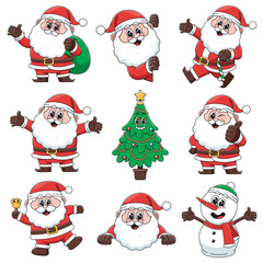 A festive and cheerful digital illustration featuring multiple Santa Claus characters in different poses and expressions, along with a smiling Christmas tree and a happy snowman.