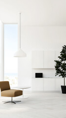 Modern living room with a minimalist design and large window overlooking the sea