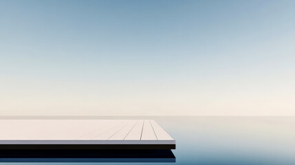 Minimalist dock over calm water under clear blue sky at sunrise in serene location