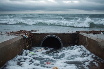 Ocean pollution from drainpipe with trash and debris in rough sea waves