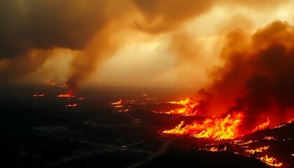 Obraz premium Inferno: Aerial view of a massive wildfire engulfing a vast landscape under a fiery, smoke-filled sky.