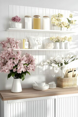 White kitchen shelves with flowers, vases, and storage jars; sunlight streams in; calm, bright atmosphere; ideal for home decor or lifestyle blogs