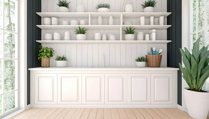 White kitchen shelving unit with plants, interior design, home decor, bright natural light