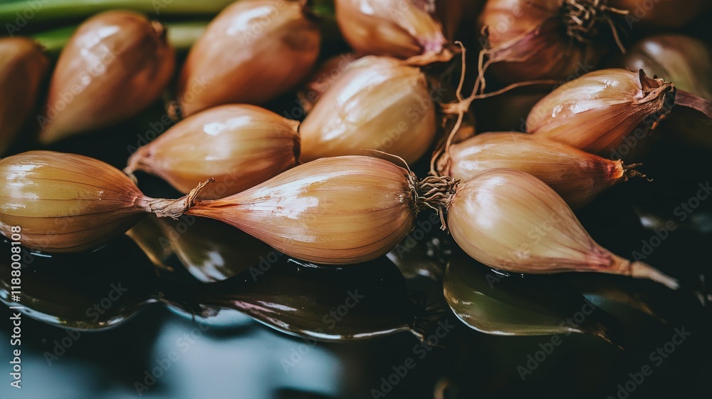 Canvas Prints Fresh shallots with reflections on glossy black surface