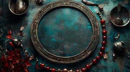 Obraz premium Mystic Teal Antique Round Frame with Red Beads and Ornate Silver Bowls