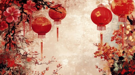Red Lanterns and Blossoms Asian Art Painting