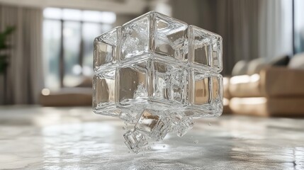 Water cube dissolving, living room, blurred sofa, light interior.