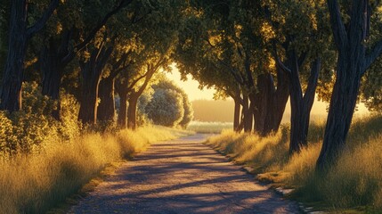 A charming countryside road lined with trees, bathed in the soft golden light of late afternoon, leading to a distant, peaceful horizon.