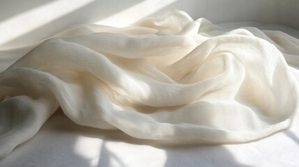 Obraz premium Draped cream fabric, sunlight, white background, textile photography