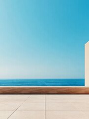 Stunning seaside view with clear blue sky from a modern terrace overlooking the ocean