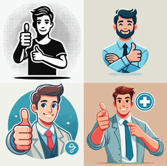 A professional-looking man in a business suit giving a confident thumbs-up, with a friendly expression, in a modern flat vector style