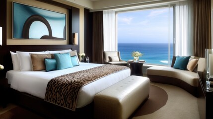 A chic, modern bedroom with abstract art and a window displaying the vast blue ocean.