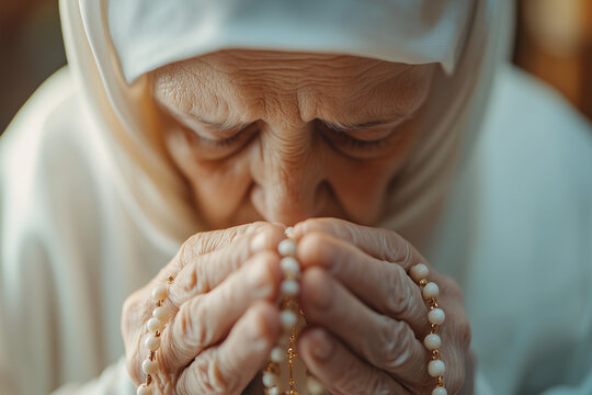 elderly nun holding rosary beads, praying with deep devotion inside a serene church. This emotive scene captures the solace, spirituality, and unwavering faith of a life dedicated to prayer and reflec