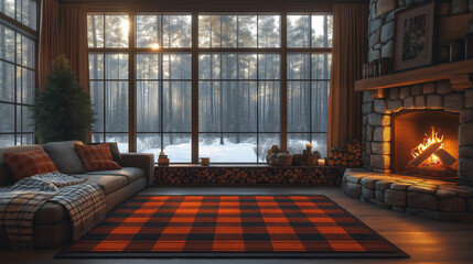 Fototapeta premium A living room with a stone fireplace, wooden beams, blankets, and large windows overlooking a snowy forest