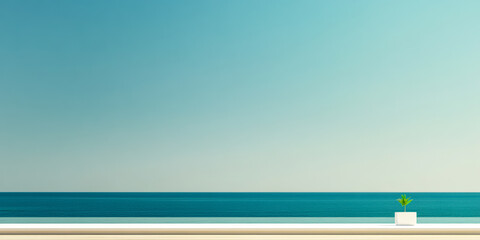 Fototapeta premium Tranquil coastal view with a solitary plant against a clear blue sky and calm sea