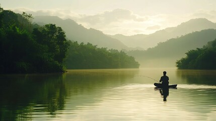 Fototapeta premium Solitary Fisherman on Serene Lake at Sunrise: A Peaceful Landscape