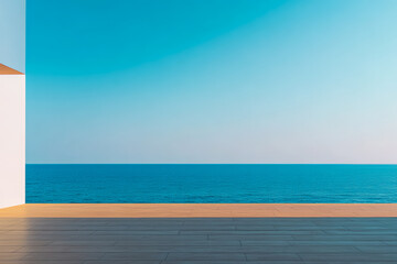 Fototapeta premium Stunning ocean view from modern minimalist terrace at sunset overlooking the horizon