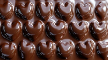 Naklejka premium valentine day texture of a classic chocolate bar with heart-shaped segments. The chocolate is rich and glossy, with subtle shadows to create depth
