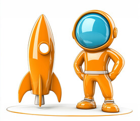 Bright orange astronaut standing confidently beside a colorful rocket in a playful cartoon style