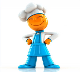 Bright orange chef character smiles confidently in a cartoon-style kitchen setting wearing a traditional chef hat and blue uniform
