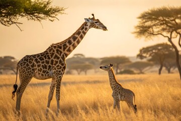 Obraz premium African Giraffe Mother and Calf at Sunset Wildlife Safari
