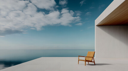 Fototapeta premium Modern wooden chair overlooking serene water and sky at a minimalist architectural space