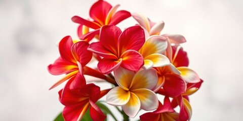 A delicate cluster of pink and white plumeria blossoms, showcasing their intricate details and vibrant colors against a soft, blurred backdrop.