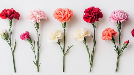 Obraz premium A collection of carnations in different colors lying flat on a white surface.