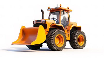 Orange tractor with a large bucket, isolated on white background.