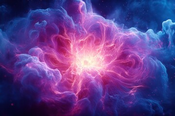Cosmic neon explosion in blue and purple intergalactic space digital art celestial scene dynamic perspective vibrant concept