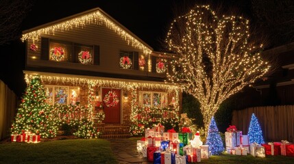 A charming home decorated with Christmas lights, a tree adorned with ornaments, and wrapped gifts, capturing the essence of the Nativity feast.