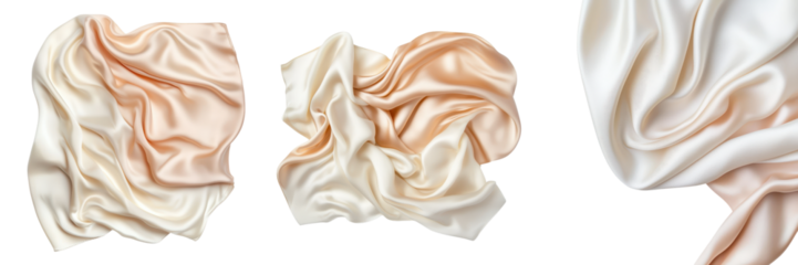Close up image of a flowing draped fabric in soft neutral shades of cream and peach creating a sense of elegance and luxury  The fabric is captured in a minimalist abstract composition