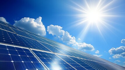 Solar panels harnessing bright sunlight and clear blue sky