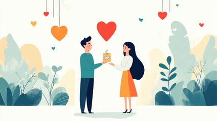 Romantic Illustration of a Couple Exchanging a Heart-Shaped Lock in a Charming Garden with Colorful Hearts Floating Above