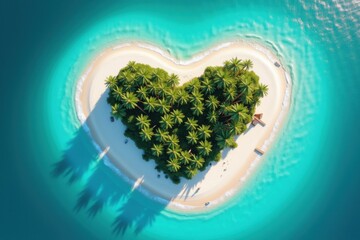 Aerial view of a heart-shaped tropical island with lush palm trees, white sandy beaches, and turquoise waters. Ideal for romantic getaways, exotic travel, or paradise vacation themes.