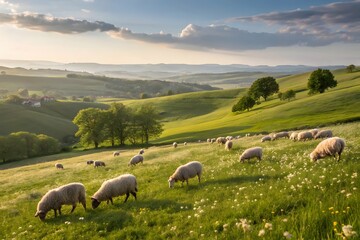 Fototapeta premium Idyllic Sunset Sheep Grazing on Rolling Green Hills