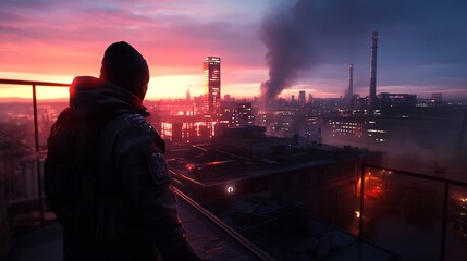 Post-Apocalyptic Cityscape at Sunset: A Solitary Figure