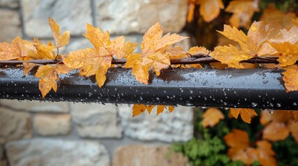 Autumn leaves with rain drops on metal rail against stone wall background