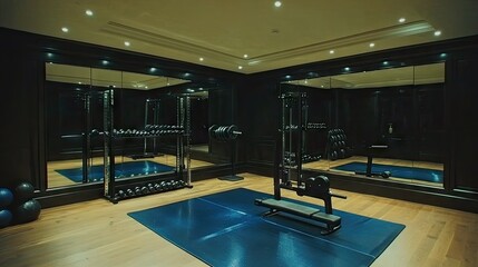 A home gym with modern equipment, mirrored walls, and a stylish floor mat.