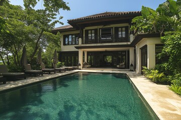 Fototapeta premium This stunning house with a swimming pool by the sea features beautiful architecture surrounded by lush greenery, perfect for relaxation and enjoyment.