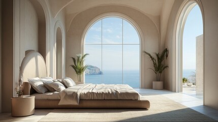 Fototapeta premium A luxury villa bedroom with elegant decor and a wide window opening to a turquoise sea.