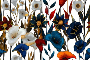 Illustration - Luxurious Floral Elegance Blue White Orange Gold Flowers Botanical Design