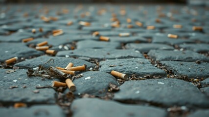 A close-up view of discarded cigarette butts scattered across a cobblestone path, a stark reminder of the impact of littering on public spaces.