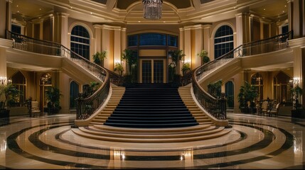 Obraz premium A luxurious foyer with metallic wallpaper and a grand staircase.