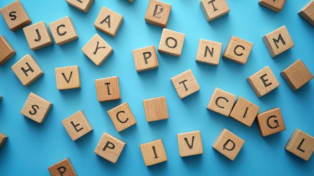 Wooden Alphabet Blocks Scattered on Blue Background