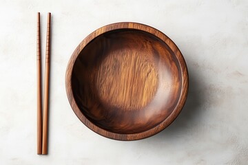 Empty wooden bowl chopsticks marble background food photography