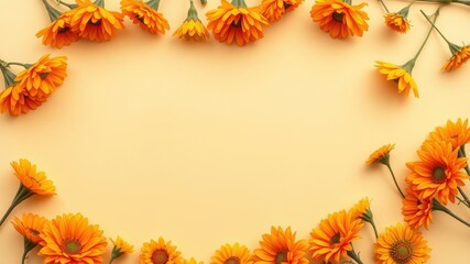 A vibrant display of sunshine yellow flowers arranged in a delicate border on a soft pastel background