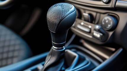 A manual gear stick with a textured grip, placed in a compact car's interior.