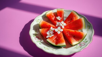 A plate of watermelon slices adorned with delicate white blossoms, resting on a vibrant pink surface, bathed in soft sunlight.