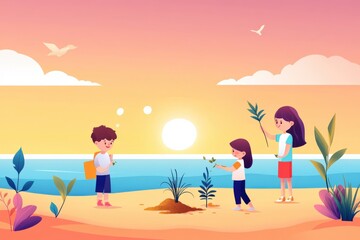 Children Planting Trees on Beach at Sunset with Vibrant Sky and Ocean Waves, Illustrating Environmental Awareness and Nature Conservation Efforts
